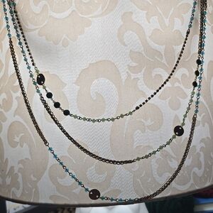 Vintage 90s Multi-Chain Layered Gold Tone Necklace with Blue And Green Beads 💫